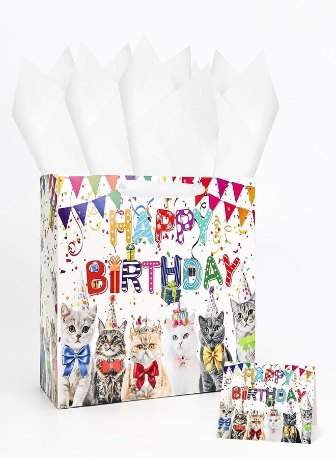 MUNILAIL 13 Inch Cat Birthday Gift Bag with Handle, Tissue Paper & Greeting Card, Large Paper Gift Bag for Boys & Girls Birthday Party, Baby Shower, Cat Theme Parties - Image 1